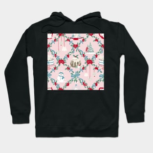 Repeat Pattern of Vintage Christmas Treats on Soft Pink Hoodie